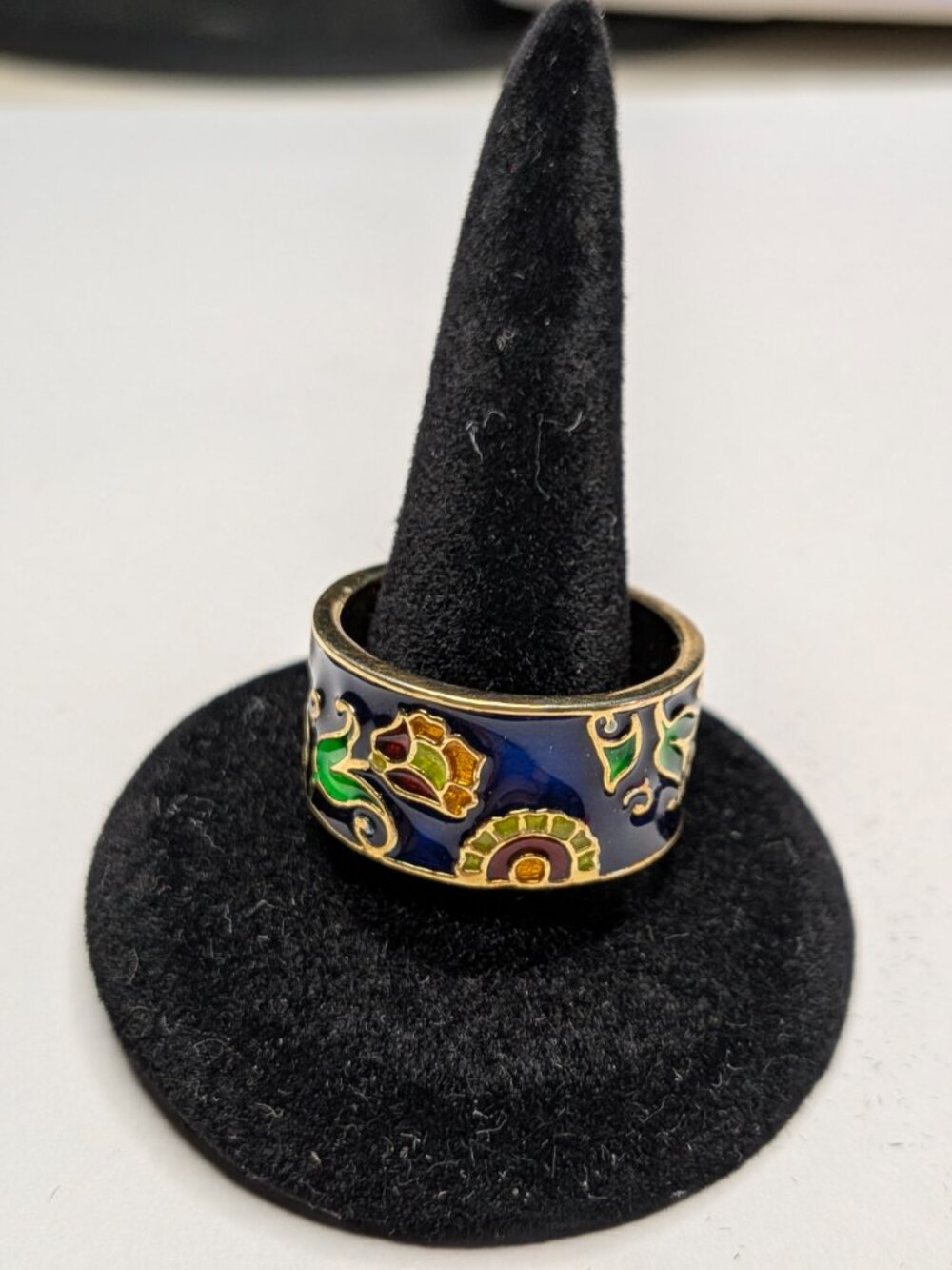 Vintage Boho Cobalt Blue Enamel Floral Band Ring